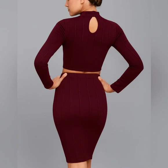Lulus “My Way” Plum Purplish Burgundy Two-Piece Long Sleeve Dress – Size Large - Picture 2 of 11